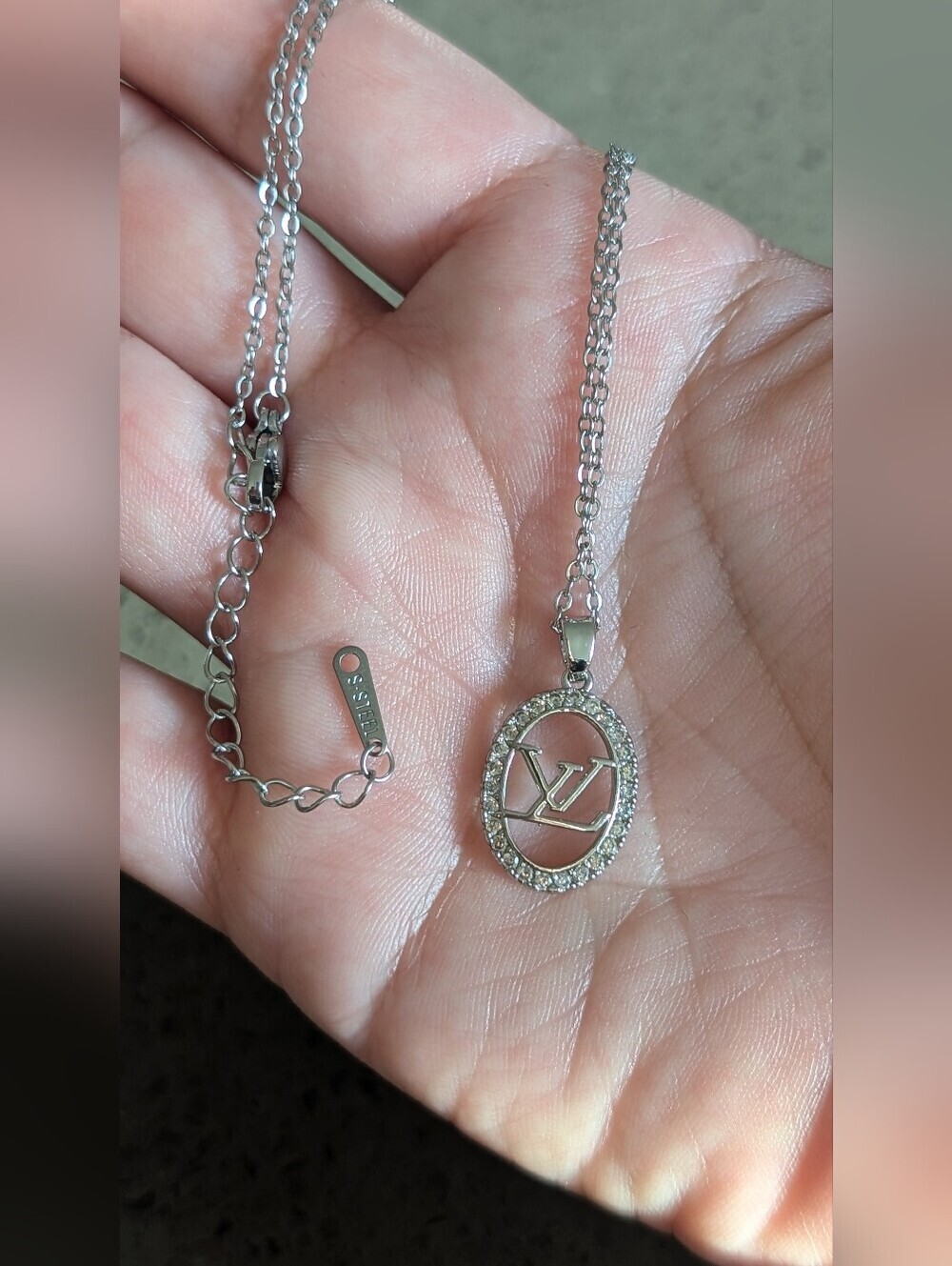 Silver Oval Crystal Pendant Necklace - Luxury LV Logo Accent Nwot